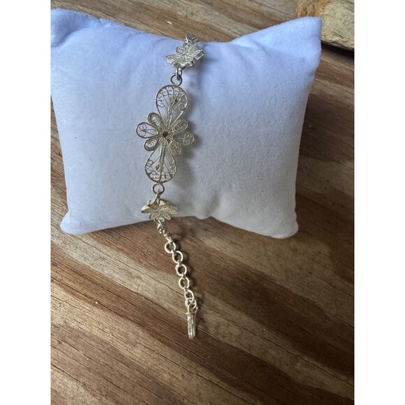 Vintage Sterling Silver Flower Link Bracelet With hook Dainty and Elegant Jewelr - Picture 4 of 6